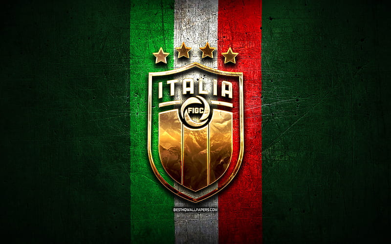Italy National Football Team, golden logo, Europe, UEFA, green metal background, Italian football team, soccer, FIGC logo, football, Italy, HD wallpaper
