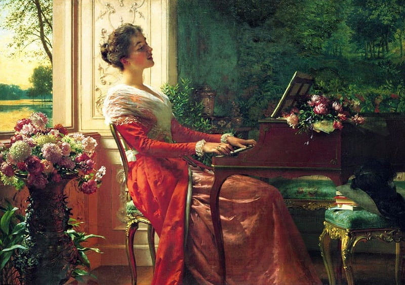 Woman playing piano, painting, art, piano, pictura, wladyslaw czachorski, girl, woman, dress, instrument, red, HD wallpaper