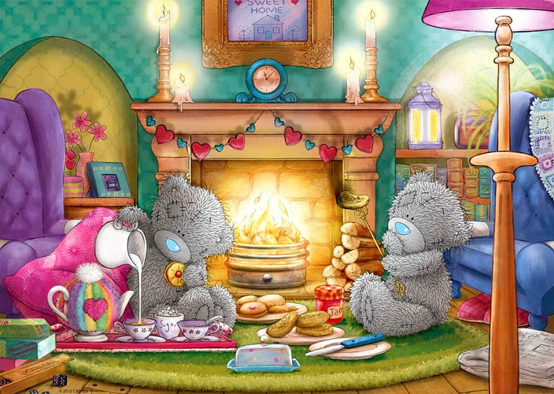 Tea for two, pretty, colorful, house, teddy, home, bear, bonito, tea, sweet, fireplace, two, company, lovel, friends, art, cozy, lovely, cute, HD wallpaper