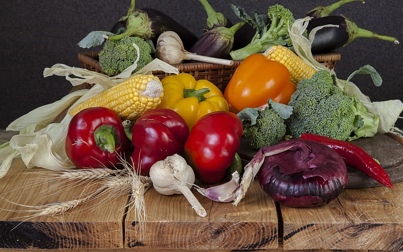 vegetable still life, cabbage, garlic, pepper, bow, corn, HD wallpaper