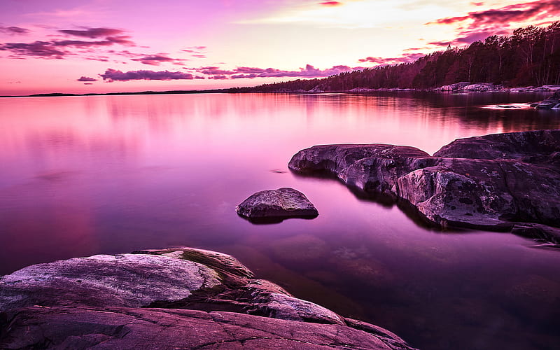 Lake Purple Nature Sunset Scenery, HD wallpaper