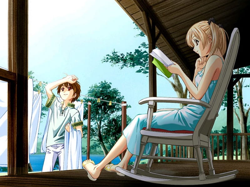 hot sunny day, female, male, house, plant, rocking chair, bench, book, cute, tree, boy, girl, laundry, anime, summer, chair, anime girl, HD wallpaper