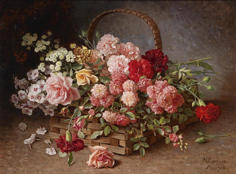 Artistic, Oil Painting, Basket, Carnation, Flower, Rose, Still Life, HD wallpaper