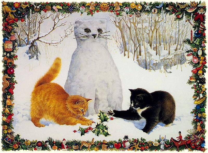 Snowcats, christmas, holiday, berries, snow, holly, snowman, trees, cats, HD wallpaper