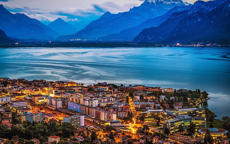 Geneva, mountain, lake, evening city, Switzerland, HD wallpaper