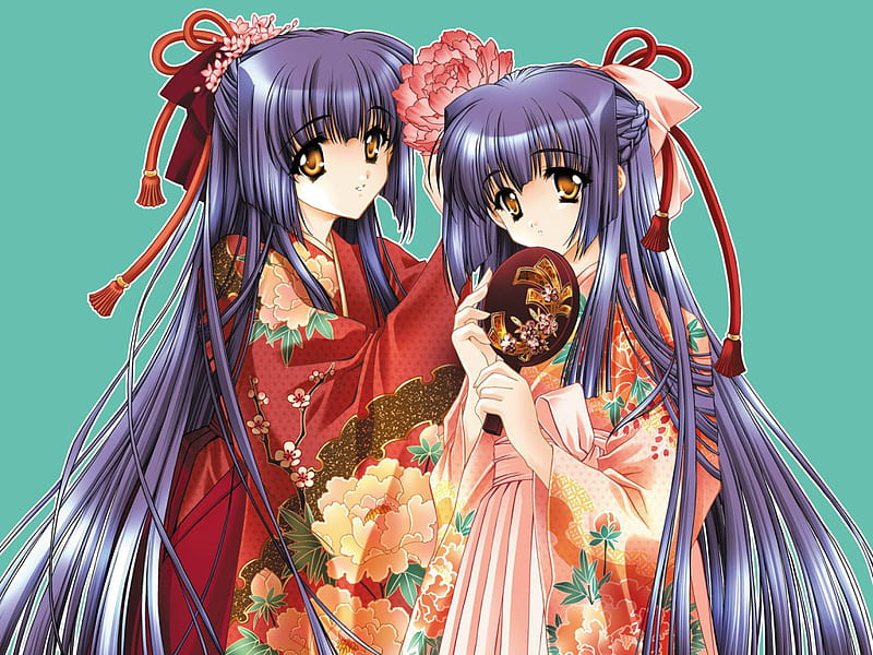 Geisha, anime, purple hair, flowers, mirror, twins, HD wallpaper