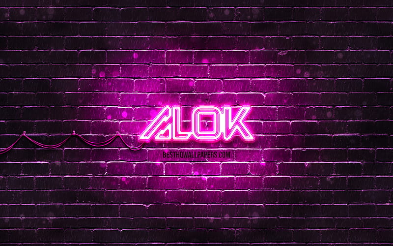 Alok purple logo superstars, brazilian DJs, purple brickwall, Alok new logo, Alok Achkar Peres Petrillo, Alok, music stars, Alok neon logo, Alok logo, HD wallpaper