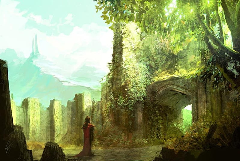The Emerald City, old city, fantasy, city, emerald green, ruins, trees, landscape, HD wallpaper
