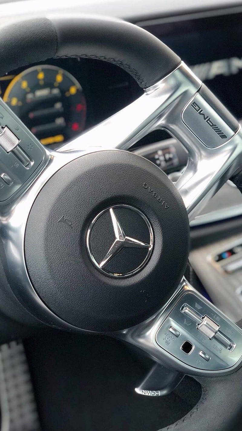 Mercedes interior, amg, benz, logo, mercedes-benz, steer, wheel, HD phone wallpaper