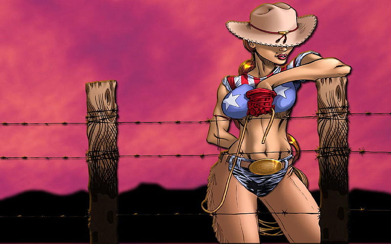 Stringing Barbwire. ., fence, female, hats, cowgirl, chaps, ranch, fun, digital art, outdoors, barbwire, fantasy, girls, blondes, western, style, HD wallpaper