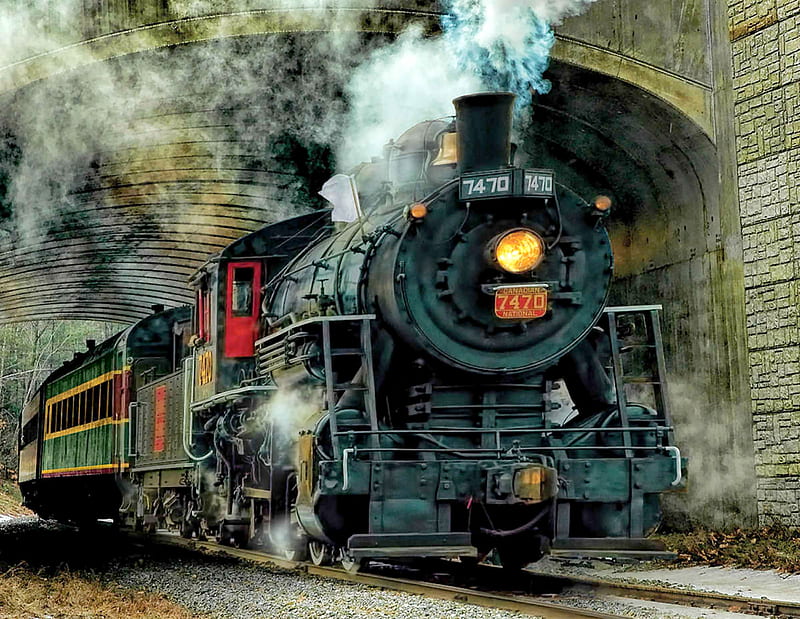 Green Mountain Express F, railroad, art, locomotive, bonito, illustration, artwork, express, train, engine, painting, wide screen, tracks, HD wallpaper