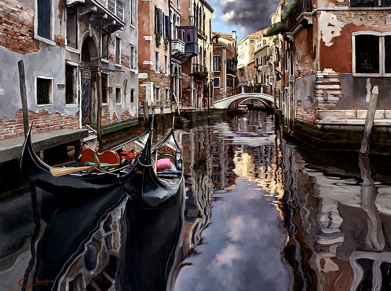View From Moise, art, gondlas, canal, bonito, illustration, artwork, boats, painting, wide screen, scenery, HD wallpaper