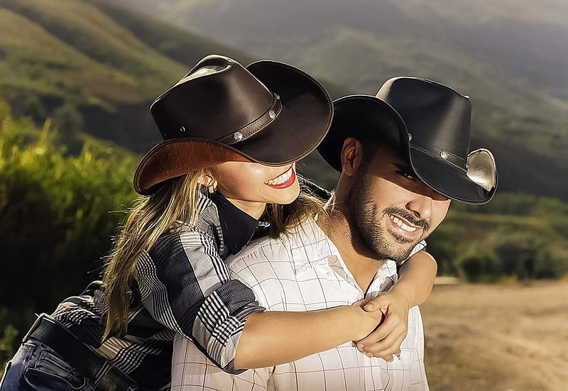Happy, hats, happy couple, cowgirl, cowboy, together, HD wallpaper