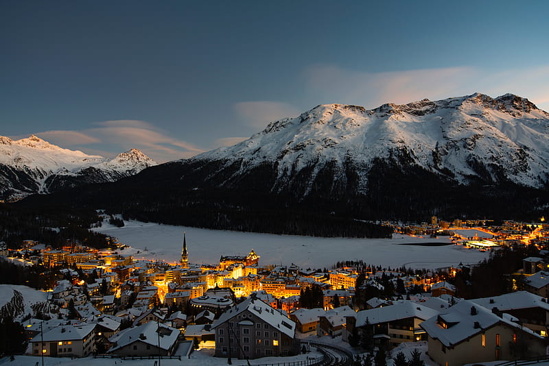 mountain, winter, village, snow, light, switzerland, HD wallpaper