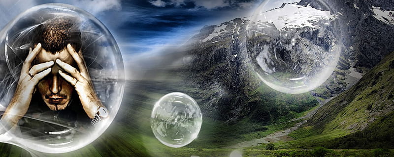 Thought that Hurts, pain, thought, head, mountains, spheres, man, globes, clouds, HD wallpaper