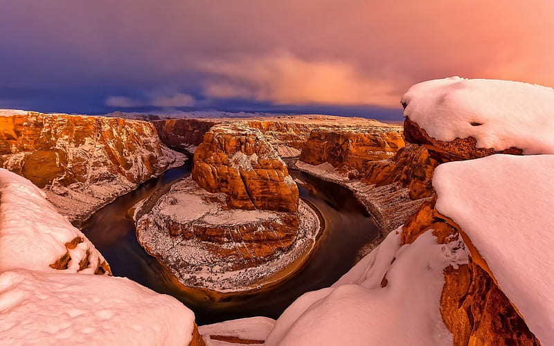 Arizona's Horseshoe Bend in Winter, snow, landscapes, horseshoe bend, nature, canyons, rivers, winter, HD wallpaper