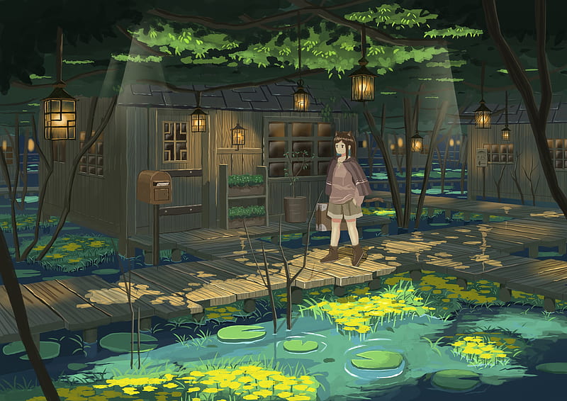 anime house, forest, wooden pier, lantern, scenic, mailbox, Anime, HD wallpaper