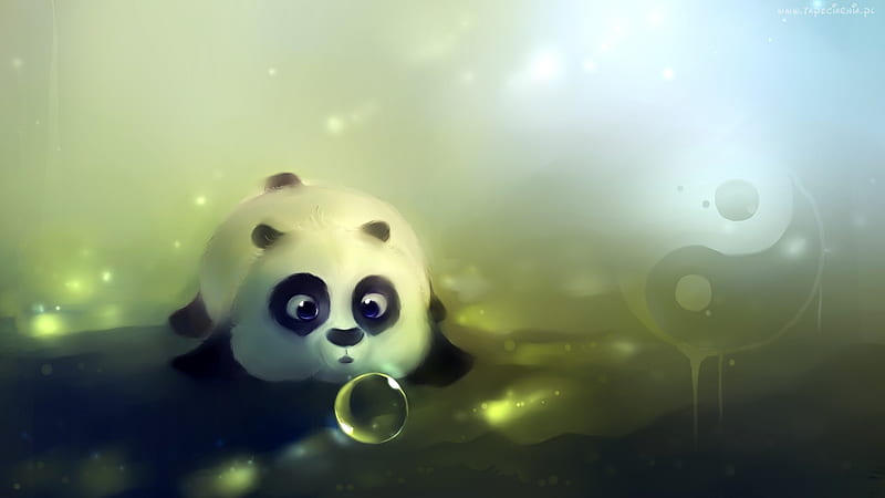 baby panda, panda, green, bubbles, black, white, baby, HD wallpaper