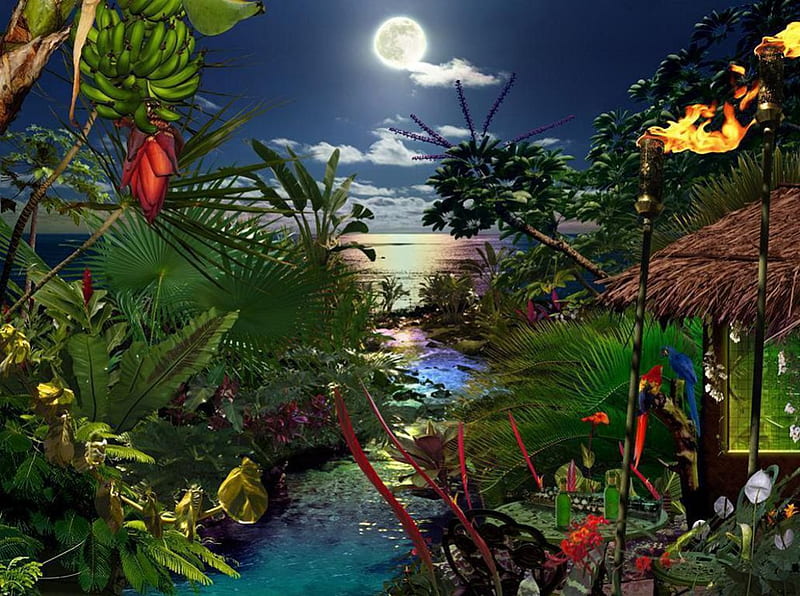 Moonshine in Paradise, bananas, painting, river, trees, artwork, sea, HD wallpaper