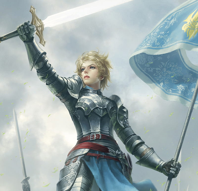 Jeanne D'Arc, armor, fantasy, jeanne darc, luminos, girl, jg yoon, blue, sword, HD wallpaper
