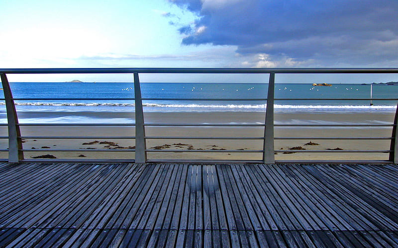 After the rain, damp, beach, sand, view, sun deck, seaside, sea, HD wallpaper