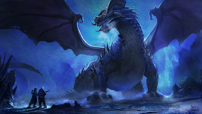 Fantasy Blue Dragon Is Standing Near Two Men Dreamy, HD wallpaper