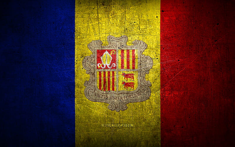 Andorran metal flag, grunge art, European countries, Day of Andorra, national symbols, Andorra flag, metal flags, Flag of Andorra, Europe, Andorran flag, Andorra, HD wallpaper