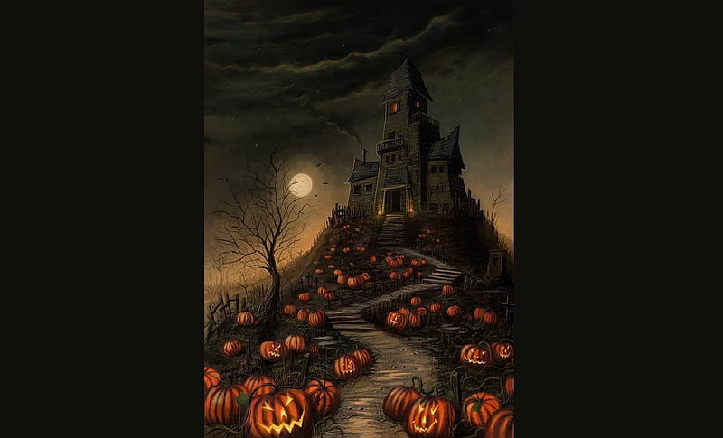 Happy Halloween, leafless tree, full moon, winding pathway, head stone for grave, light on top floor, smoke from chimney, HD wallpaper