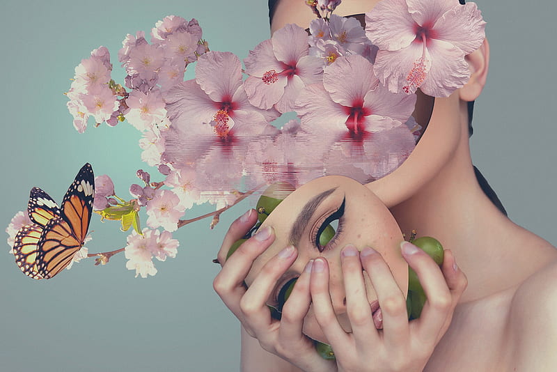 Grapes fell out of my face, struguri, victoria inamine, luminos, spring, grapes, blossom, fantasy, butterfly, girl, hand, flower, face, pink, surreal, HD wallpaper