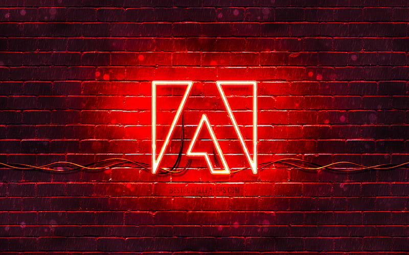 Adobe red logo red brickwall, Adobe logo, brands, Adobe neon logo, Adobe, HD wallpaper