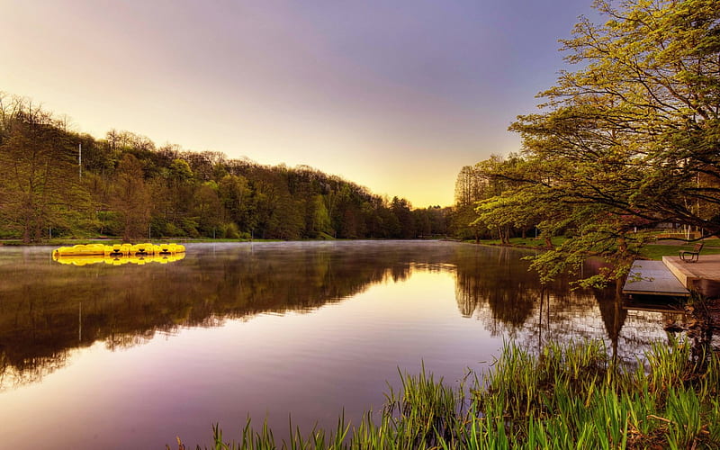 LAGO TRANQUILO, nature, lago, barco, grama, HD wallpaper