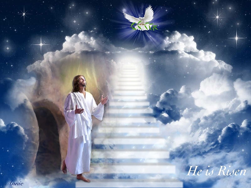 The Ressurection, Jesus Christ, christian, bonito, stairs, lord, clouds, savior, heaven, dove, ressurection, HD wallpaper