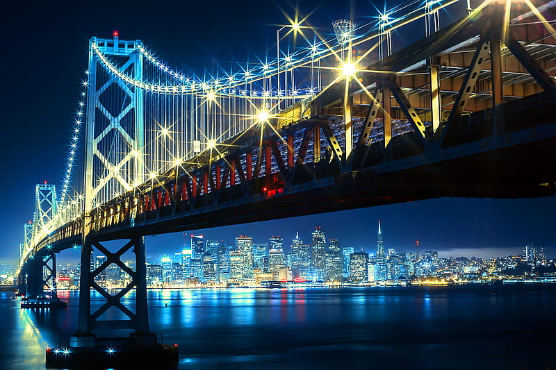 San Fransisco Bay, bay, bridge, city, lights, neon, night, san fransisco, HD wallpaper