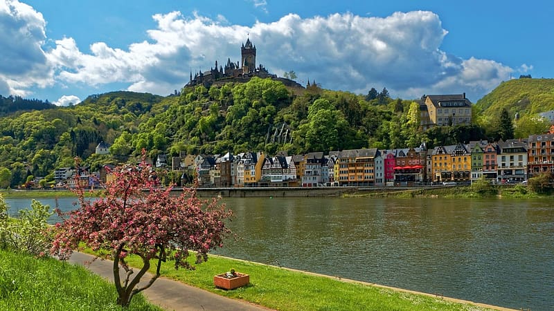 Cochem, Moselle River, Germany, hills, tower, town, trees, landscape, castle, HD wallpaper