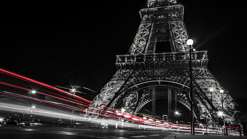 Black And White Of Paris Eiffel Tower And Red Lights On Road With Dark Sky Background During Night Travel, HD wallpaper