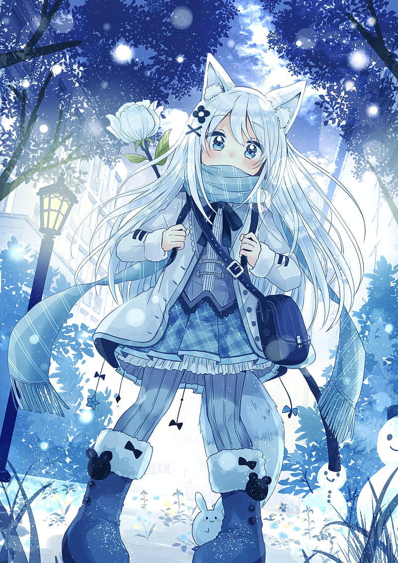 Anime girl, white hair, chinese dress, snow, fox, cute, Anime, HD wallpaper  | Peakpx