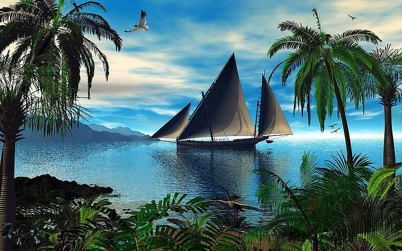 Lagoon, rocks, cg, clouds, beach, boat, flowers, x and a partridge in a pear tree, sail boat, ocean, birds, sky, trees, abstract, palms, water, 3d, mountains, plants, island, HD wallpaper