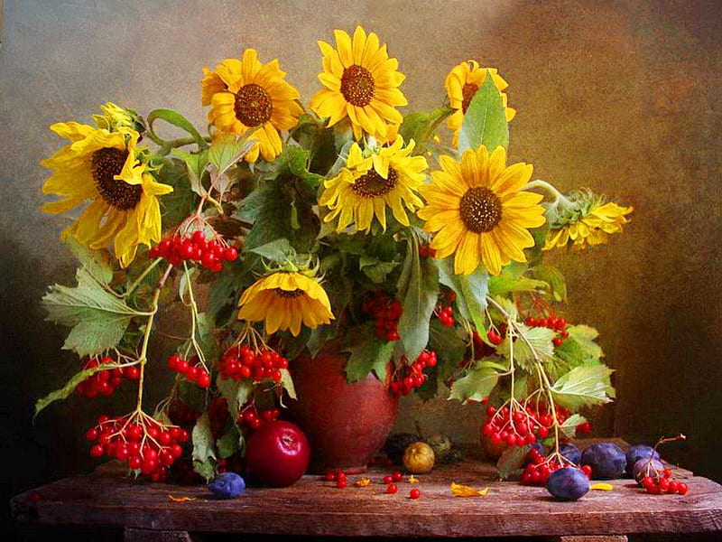 Summers end, fruit, sunflowers, brown, berries, yellow, HD wallpaper ...