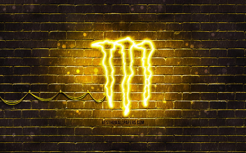 Monster Energy yellow logo yellow brickwall, Monster Energy logo, drinks brands, Monster Energy neon logo, Monster Energy, HD wallpaper