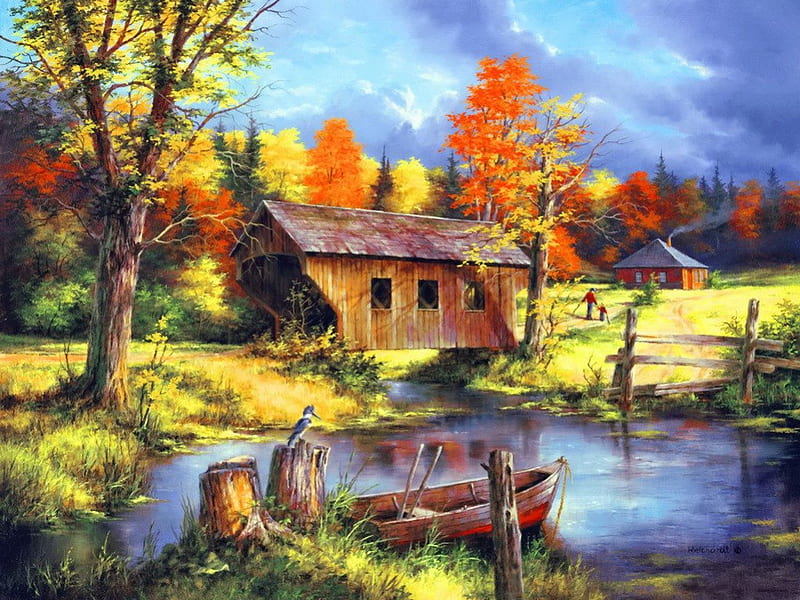 Spring field, pretty, colorful, house, mill, bonito, nice, painting ...