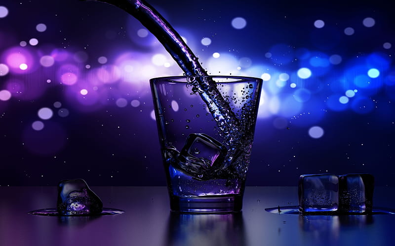 glass, water stream, ice cubes, close-up, HD wallpaper