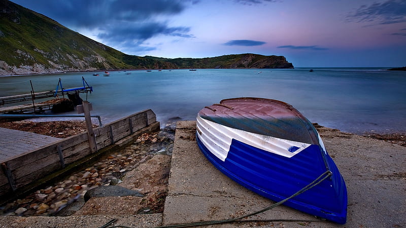 blue boat on beach-landscape, HD wallpaper