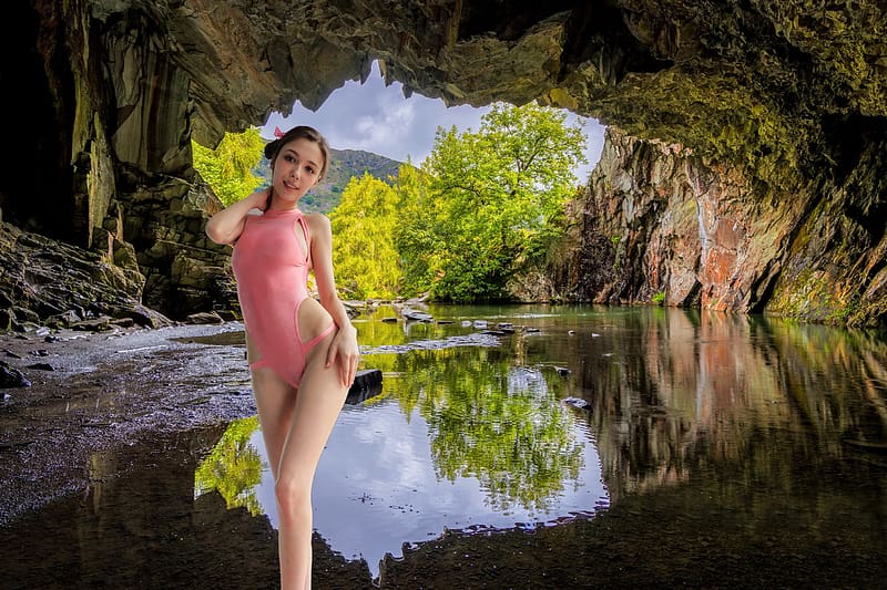 Swimsuit Model ~ Mila Azul, England, model, swimsuit, reflection, brunette, cave, water, HD wallpaper
