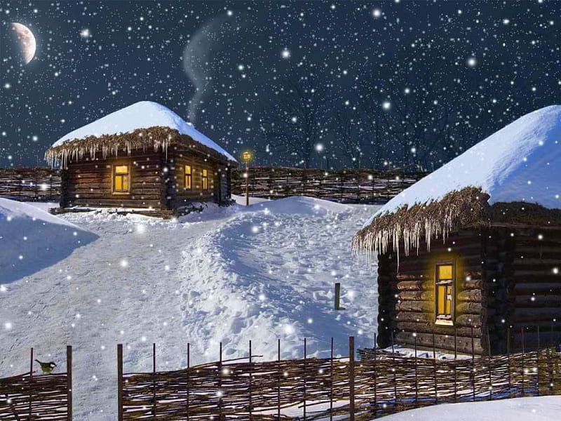 Snowfall, fence, snow, loghuts, ice, artwork, night, HD wallpaper