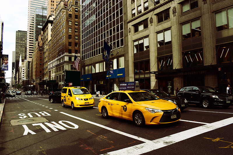 two yellow taxis on middle of road, HD wallpaper
