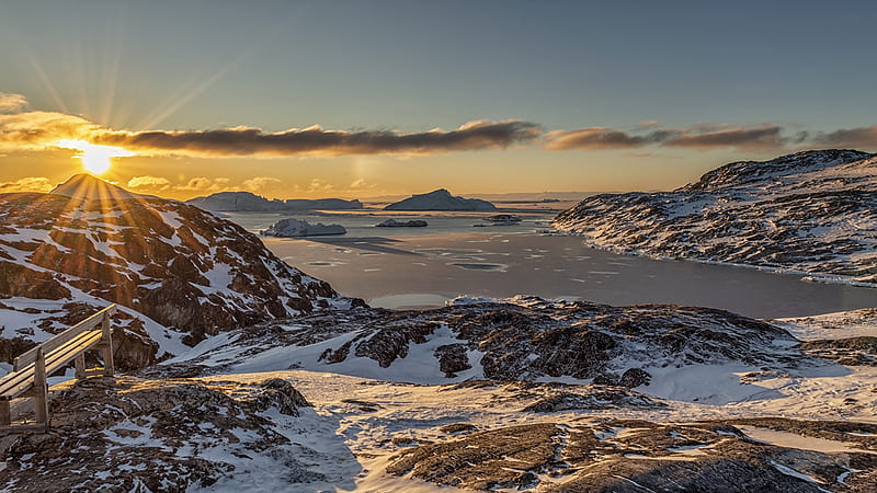 Sunrise in Greenland, hills, sun, snow, Greenland, HD wallpaper