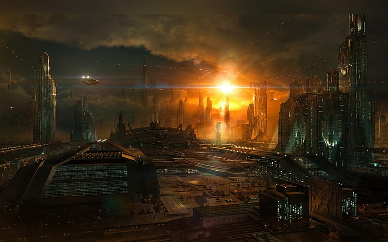 futuristic city, sunlight, towers, spaceship, darkness, Sci-fi, HD wallpaper