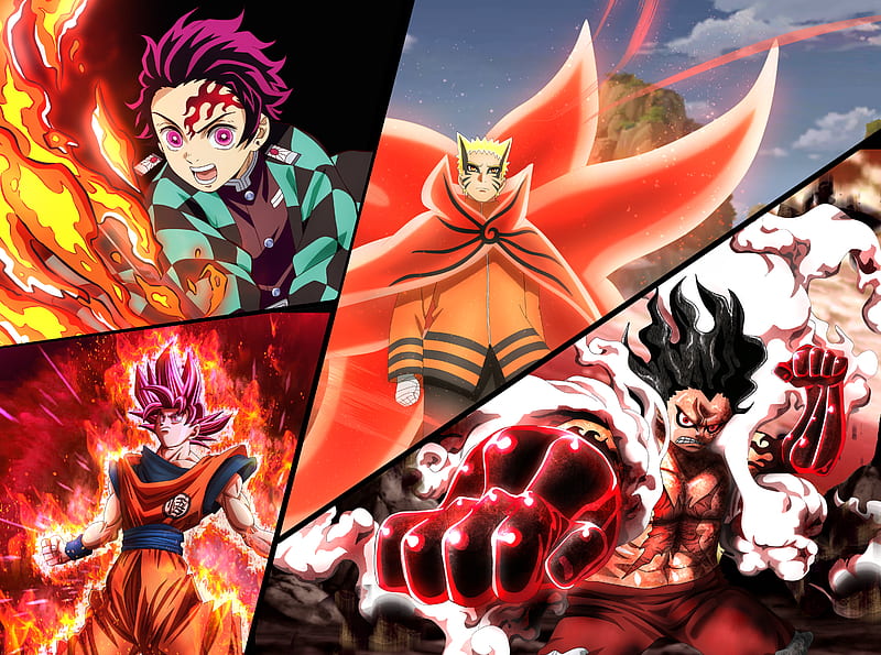 Anime, Crossover, Baryon Mode (Naruto) , Goku , Hinokami Kagura , Monkey D. Luffy , Naruto Uzumaki , Tanjiro Kamado, HD wallpaper