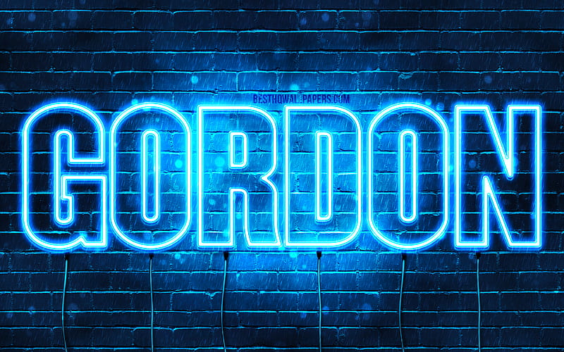 Gordon with names, horizontal text, Gordon name, Happy Birtay Gordon, blue neon lights, with Gordon name, HD wallpaper