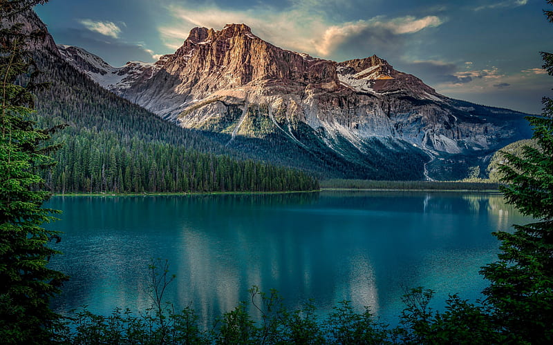 Canadian Rocky Mountains, Emerald Lake, mountain lake, sunset, evening, mountain landscape, Yoho National Park, Canada, HD wallpaper